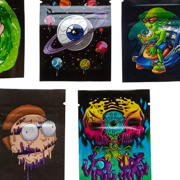 Other - 5 Trippy Mylar Bags, Herbal Psychedelic Zip Lock Printed Pouches, Space, Alien..